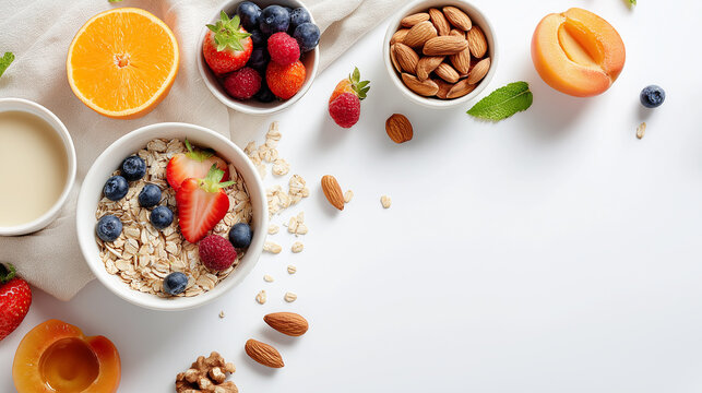 Healthy breakfast with oatmeal, fruits, and nuts on white background - Powered by Adobe