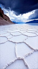 A vast, cracked white salt flat stretches towards a reflective blue lake under a dramatic sky with dark, stormy clouds.