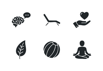 Diverse silhouette vector icons capturing essential concepts including thinking, relaxation, love, nature, beach fun, and mindful meditation, ideal for wellness, lifestyle, and educational