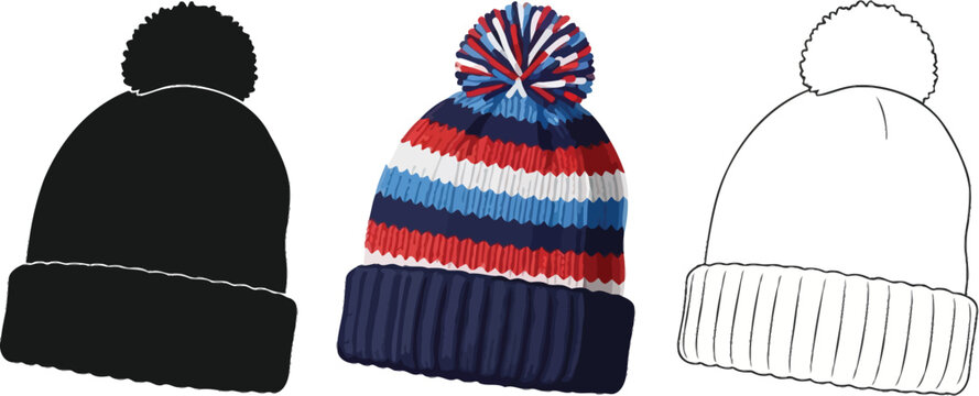 Set of three winter bobble hats in black, multicolored stripe, and outline drawing