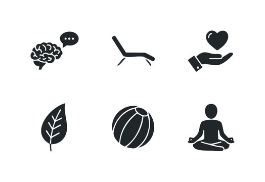 Diverse silhouette vector icons capturing essential concepts including thinking, relaxation, love, nature, beach fun, and mindful meditation, ideal for wellness, lifestyle, and educational