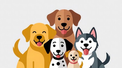 Cute Cartoon Dog Illustration – Happy Group of Dogs in Flat Style | Adorable Pet Animals Artwork for Kids, Posters, Stickers, and Pet-Themed Designs