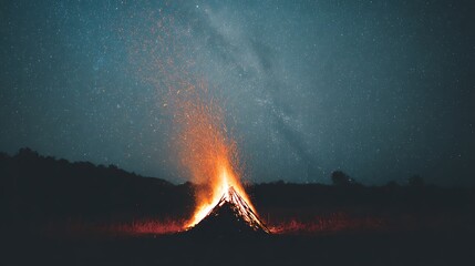 A mesmerizing bonfire ablaze beneath a starlit sky, its fiery glow illuminating the night as sparks dance and ascend into the vast expanse above