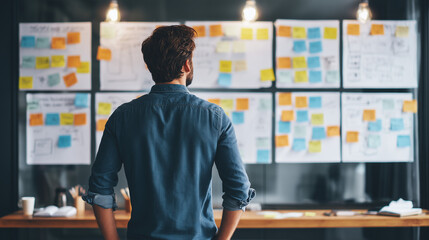 Businessman standing in front of whiteboard filled with sticky notes, diagrams, and workflow charts during project planning session