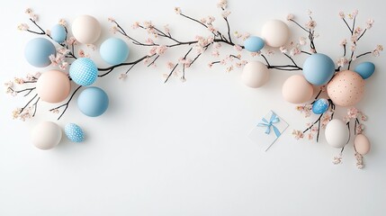 A festive arrangement of pastel-colored Easter eggs and delicate cherry blossoms adorns a clean white surface, with a small gift box adding to the celebratory s