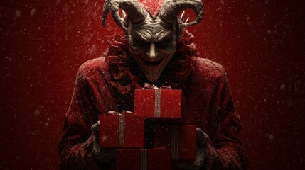 Krampus figure in red coat holding Christmas gift box, with snow falling. Evil holiday season monster for Winter celebrations.