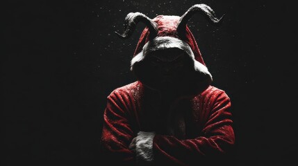 Man dressed as evil Santa Claus costume with horns and glowing eyes. Dark Christmas concept for Halloween or scary holiday theme.