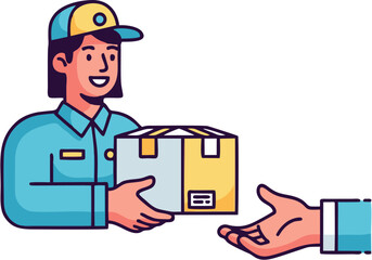 A smiling female courier in a uniform handing a cardboard package to a customer, illustrating express delivery and e-commerce services