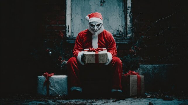 Man dressed as evil Santa Claus wearing scary mask and holding gift. Dark Christmas horror vibes for holiday-themed movie promotion.