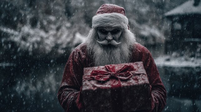 Evil santa character stands outdoors with a red Christmas gift. Scary Santa Claus concept for festive horror and dark holiday themes.