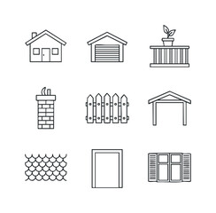 Fototapeta premium Outline icons of house components including home, garage, balcony, chimney, fence, carport, door, window, and roof shingles, perfect for real estate and building related projects.