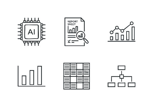 Modern business analytics and artificial intelligence visual set for data processing, reporting, and organizational structure visualization in digital applications and professional - Powered by Adobe