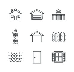Fototapeta premium Set of essential home exterior architectural elements and building components including house, garage, window, and door for residential property construction and renovation projects