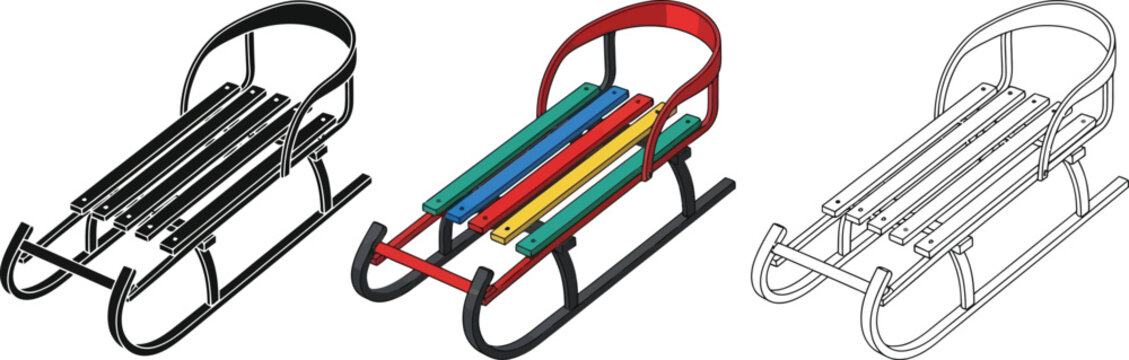 Set of three sled illustrations showing black, color, and outline versions
