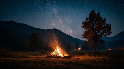 A crackling campfire casts a warm glow against the backdrop of a starry night sky, nestled amidst mountains and trees, creating a serene atmosphere