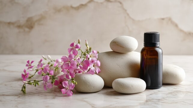 A calming arrangement of smooth massage stones, an amber oil bottle, and pink flowers on a marble surface