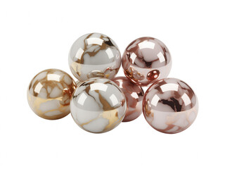 Group of six shiny marble patterned spheres in gold and rose gold transparent background ball