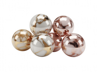Group of six shiny marble patterned spheres in gold and rose gold transparent background ball
