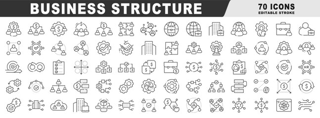 Business structure icons depicting organization hierarchy, management workflows, teams, finance, governance, approval, integration, and operations in clean outline, editable stroke
