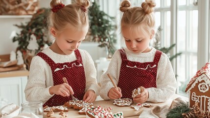 Two young sisters are happily focused on decorating gingerbread cookies. They work at a wooden table adorned with tasty treats, surrounded by cheerful Christmas decorations in a cozy home setting