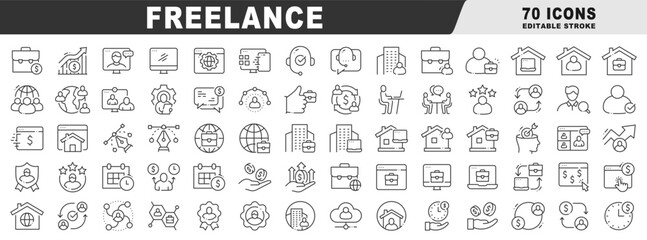 Freelance outline icons for remote projects: client communication, invoicing, payment, deadlines, collaboration, video meetings, portfolio, verified skills, editable vector stroke