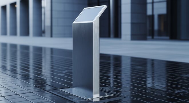 Modern Information Kiosk in Urban Setting with Architectural Elements Reflected in Ground - Powered by Adobe