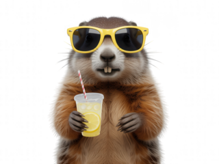 Groundhog wearing yellow sunglasses holding a lemonade drink with lemon slice transparent background