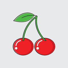 Illustration of Two Red Cherries with Single Green Leaf and Black Outline Isolated on Simple Plain Background Sweet Fruit Berry Drawing Vector Design