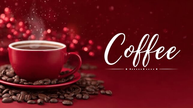 Warm latte tones in a cozy coffee shop celebration banner featuring a steaming cup of coffee surrounded by coffee beans and festive decorations for a joyful atmosphere