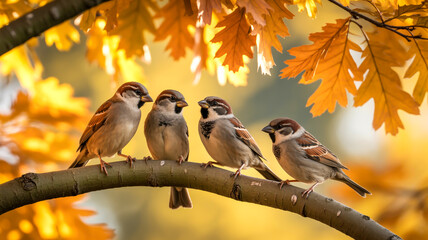 A warm autumn photograph of four small brown sparrows perched on a single curved tree branch.