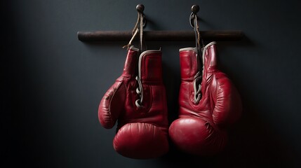 A pair of vintage red boxing gloves hangs on a dark wall, evoking a sense of nostalgia and the spirit of competition and determination