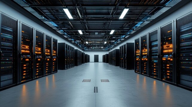 Server racks line a modern data center