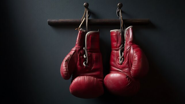 A pair of vintage red boxing gloves hangs on a dark wall, evoking a sense of nostalgia and the spirit of competition and determination