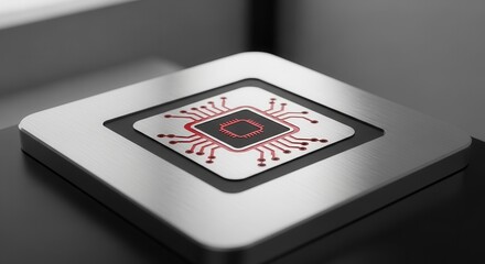 Modern Microchip Icon on Metallic Surface Representing Electronic Technology Design