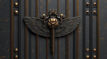 Ornate, dark metal door with gold accents, featuring a winged emblem