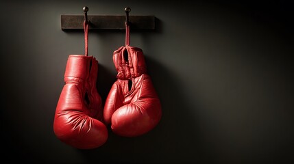 A pair of red boxing gloves hangs on a dark gray wall, casting shadows and creating a sense of anticipation and readiness for a workout or competition