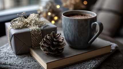 A cozy coffee table setup with book, mug of cocoa, and one elegant holiday gift