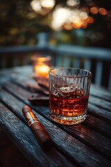 A glass of whiskey with a cigar and ice on a wooden table outside, against a blurred old town street.