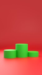 Three Green Cylindrical Podiums on a Bright Red Stage, Christmas 2025 Themed, Minimalist 3D
