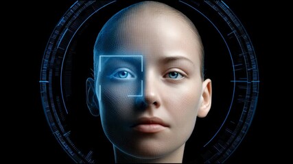 Futuristic technology portrait of cyborg woman as her face undergoes digital biometrics scanning process, an advanced concept of artificial intelligence and virtual identity security - Powered by Adobe