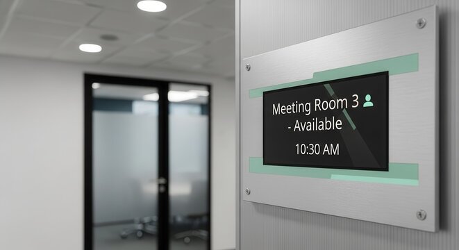 Modern Office Space Displays Meeting Room Availability Information Using A Sleek Digital Signage