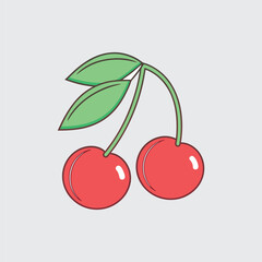 Pair of Cherries with Leaves Vector Illustration Juicy Ripe Fruits on Stem with Green Foliage Summer Healthy Food Design Element Isolated Fresh Dessert Icon Clipart