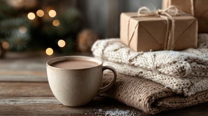 Fototapeta premium A cozy scene: cup of cocoa beside small stack of presents, beige throw blanket