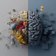 Half brain with colorful flowers, butterflies, and organic shapes on one side, geometric shapes and digital elements on other, symbolizing creativity and logic, watercolor effect