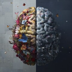 Colorful brain with watercolor effect, left side vibrant with flowers and butterflies, right side digital and pixelated, symbolizing creativity and science
