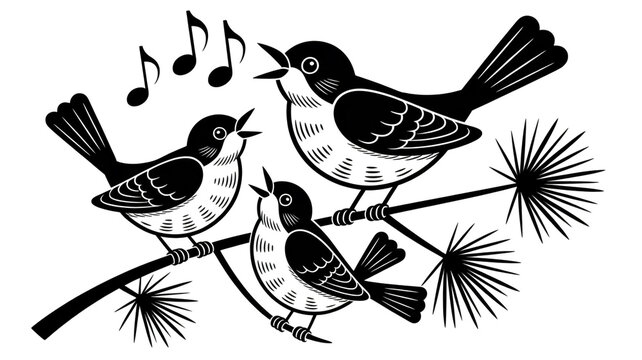 a-black-and-white-linocuA black and white illustration of three birds perched on a single branch with pine needl - Powered by Adobe
