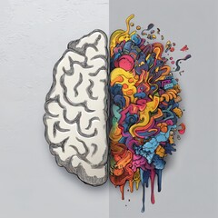 Half brain illustration, left side in black and white sketch, right side colorful with abstract shapes, symbolizing creativity and science, watercolor effect, imaginative mood