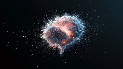 A dynamic explosion of light and particles, with glowing orange and blue hues, against a dark, deep background.