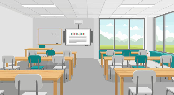 Contemporary classroom with digital display for interactive learning, representing an ideal environment to educate on and develop innovative digital business models for future success