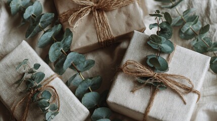 A flat lay of gifts tied with natural ribbons, eucalyptus leaves accent, neutral palette